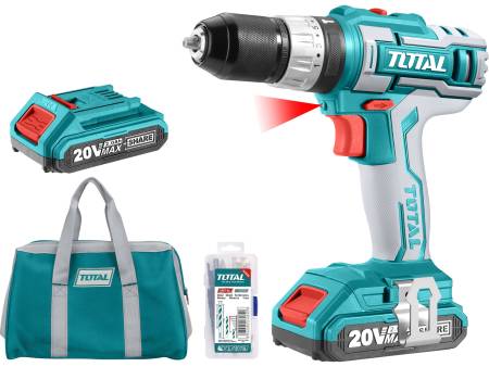 vrtací šroubovák aku s příklepem, 20V Li-ion (2x), 2000mAh, v tašce, sada 50ks